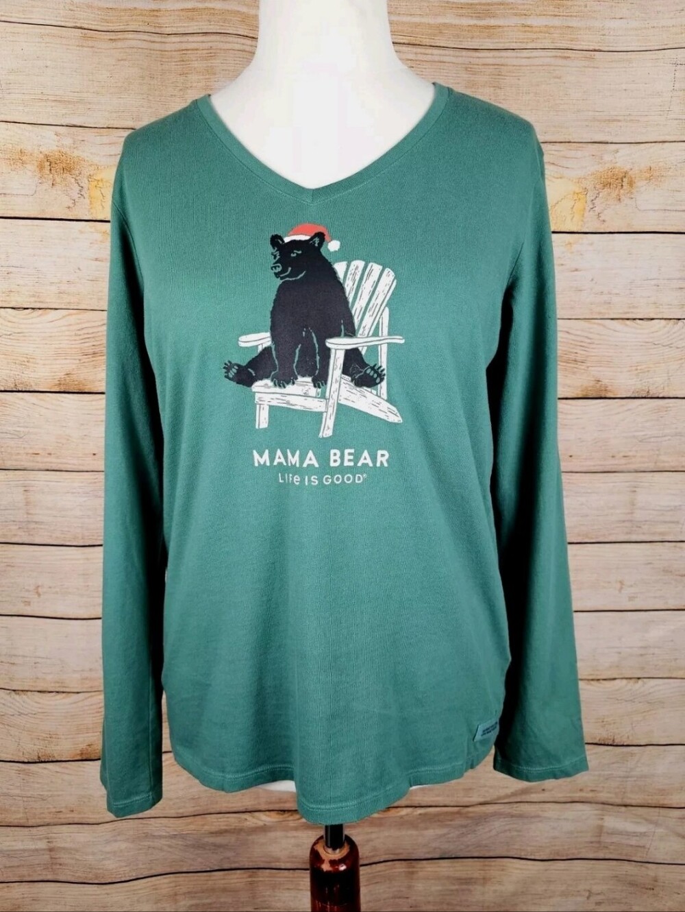 Life Is Good Mama Bear Santa Hat Long Sleeve Tshirt Size Large